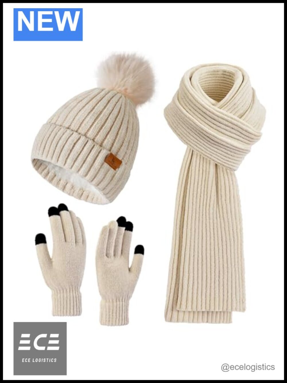 Womens Knit Beanie Hat Scarf Touchscreen Gloves Set Winter Warm Acrylic